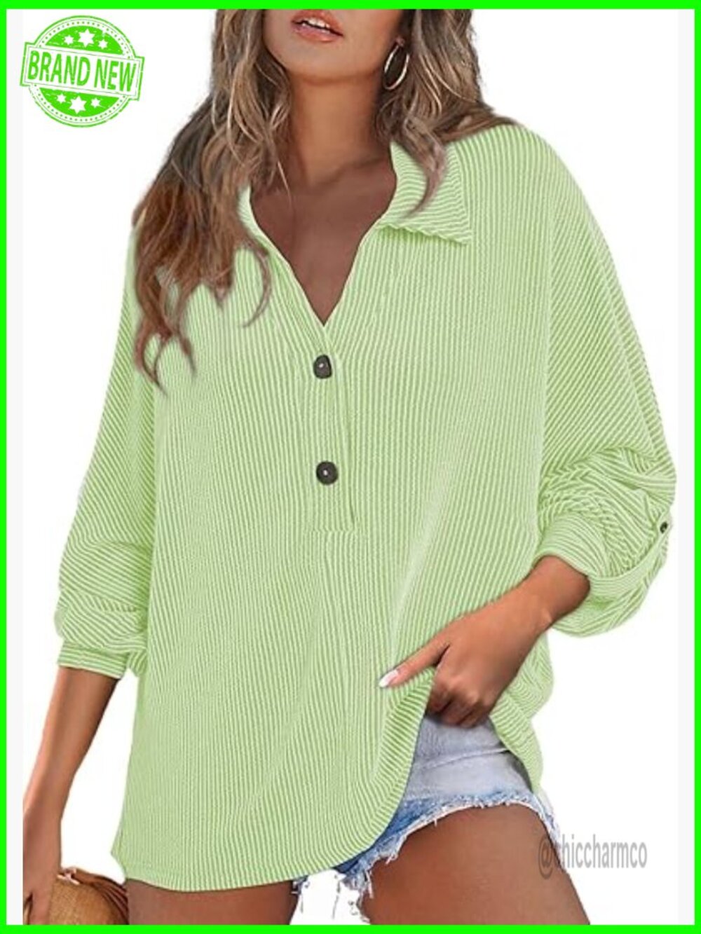 Women's Long Sleeve Button Down V Neck Ribbed Blouse Casual Tunic Top